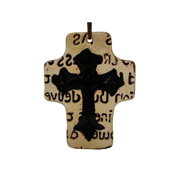 Hanging Religious Cross Christian Glass Ornament 5" Leather Hardware Collectible - Picture 4 of 11